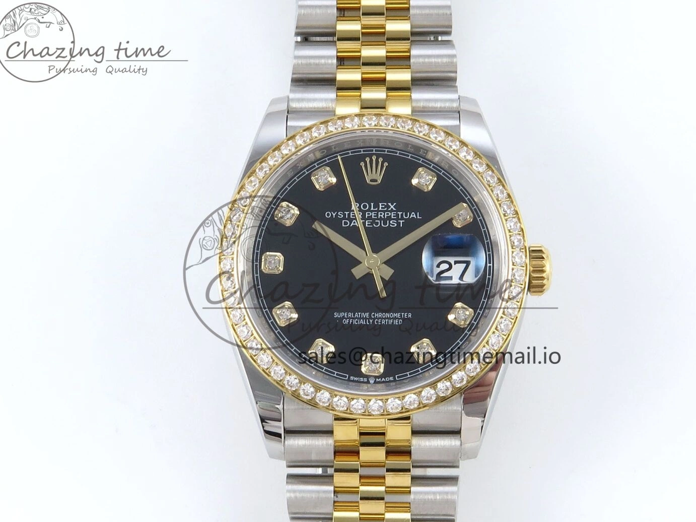 MiroTime 0109 Stretchable DateJust 36 126283RBR EWEF Best Edition Black Diamonds Dial on SS YG Jubilee Bracelet A 634